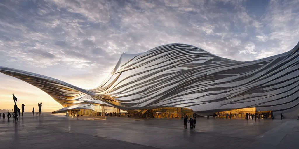 Image similar to extremely detailed ornate stunning sophisticated beautiful elegant futuristic museum exterior by Zaha Hadid, stunning volumetric light, stainless steal, concrete, translucent material, beautiful sunset, tail lights