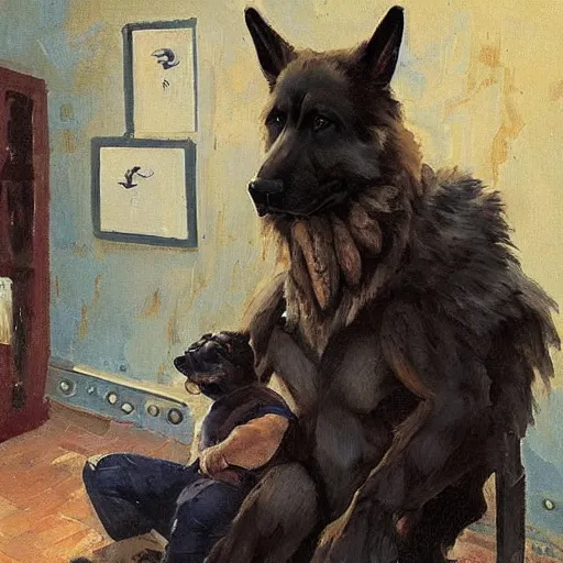 Image similar to a humanoid german shepherd beast - man, sitting and watching a soccer match in his house on television, he has hurt his knee and is a dad, by erin hanson, alexi zaitsev, karl spitzweg, award winning, tv set