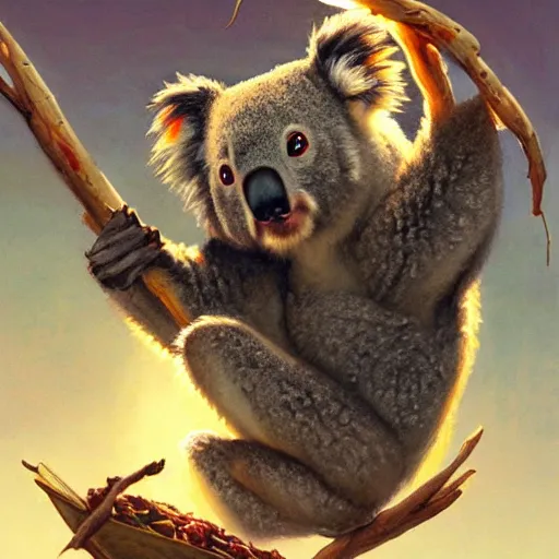 Image similar to highly detailed portrait of koala eating a taco, stephen bliss, unreal engine, fantasy art by greg rutkowski, loish, rhads, ferdinand knab, makoto shinkai and lois van baarle, ilya kuvshinov, rossdraws, tom bagshaw, alphonse mucha, global illumination, radiant light, detailed and intricate environment