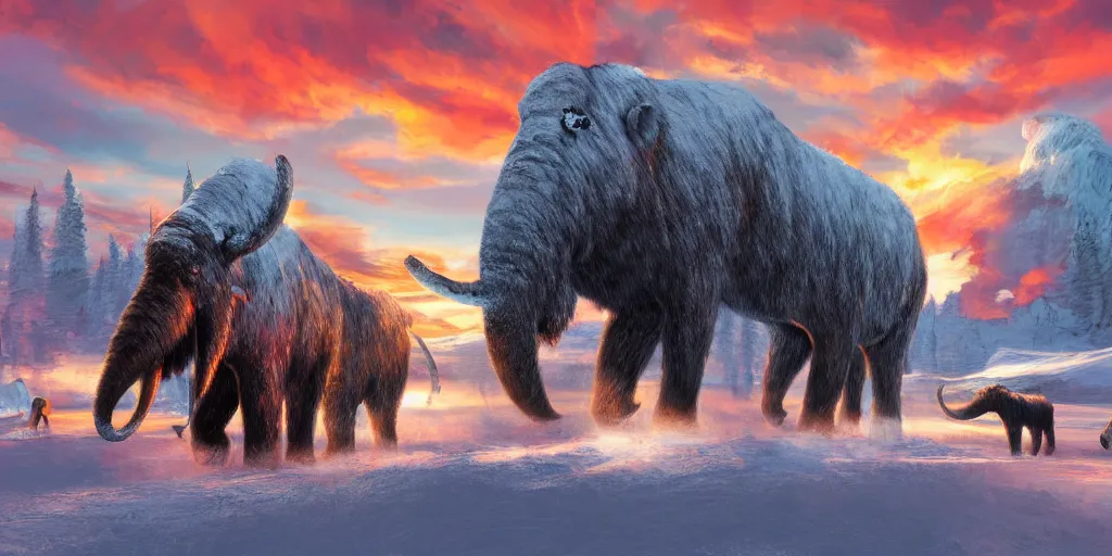 Prompt: digital art, trending on artstation, sunset at the north pole with some mammoths in the background walking while a meteorite falls