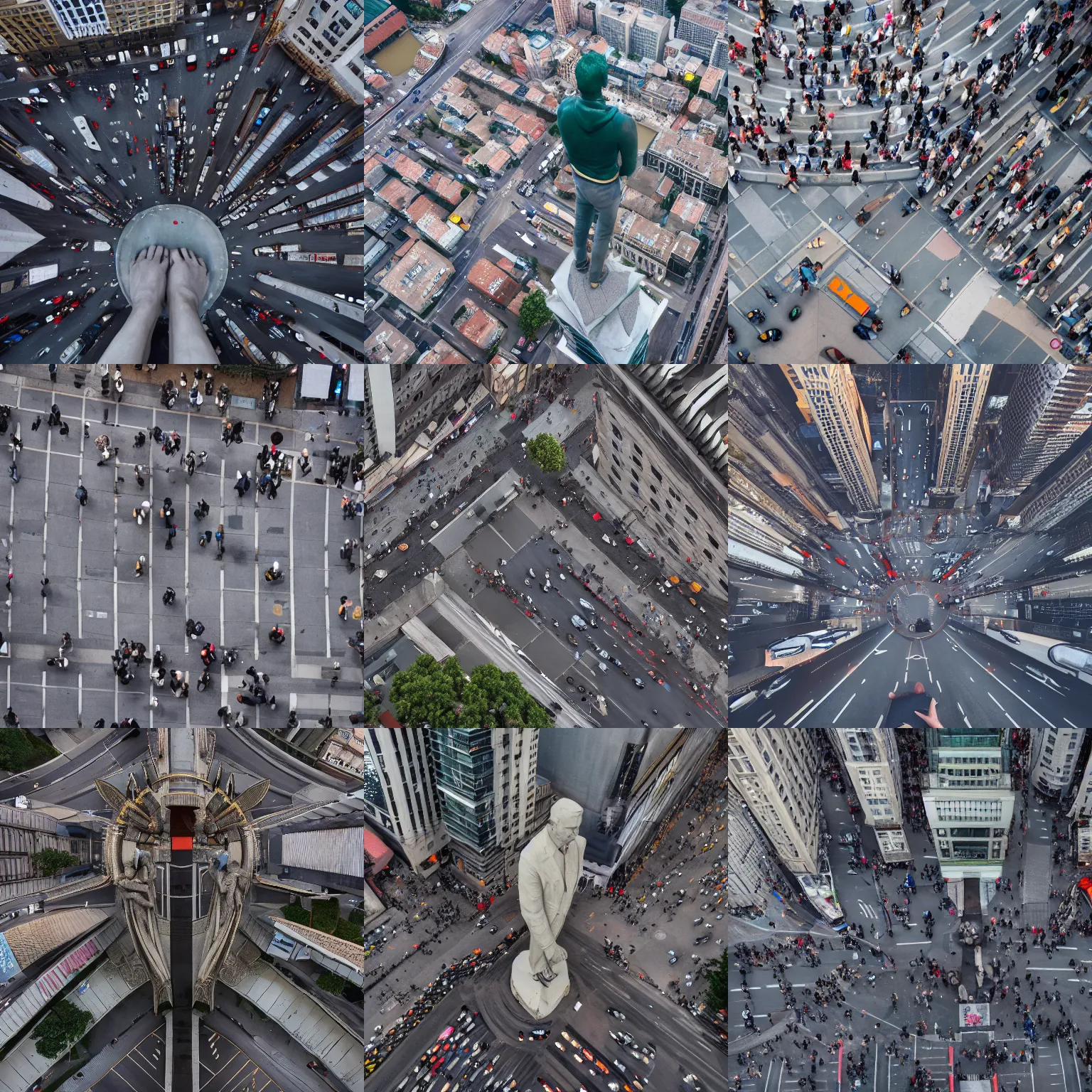 Image similar to a gigantic building - sized statue of a man looking down on pedestrians in the middle of a busy street, hd, 4 k, wide - angle shot