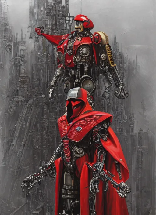 Image similar to portrait of rotten Tom Cruise as adeptus mechanicus in red hood and robe from Warhammer 40000. Highly detailed, artstation, illustration by and John Blanche and zdislav beksinski and wayne barlowe and Gustav Klimt