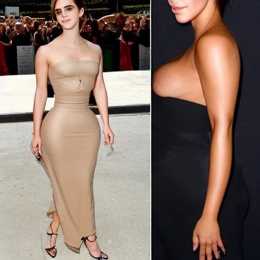 Image similar to emma watson mixed with kim kardashian, full - figure profile shot