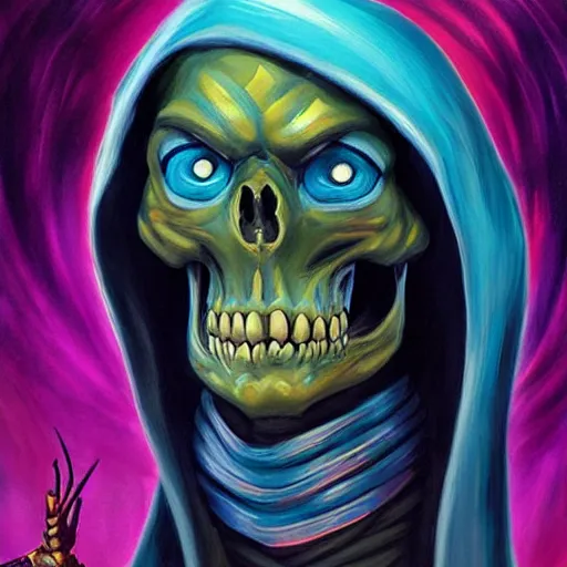 Prompt: avatar painting of skeletor, dnd beyond avatar portraits, beautiful, artistic, elegant, lens flare, magical, nature, realism, stylized, art by jeff easley and genndy tartakovsky