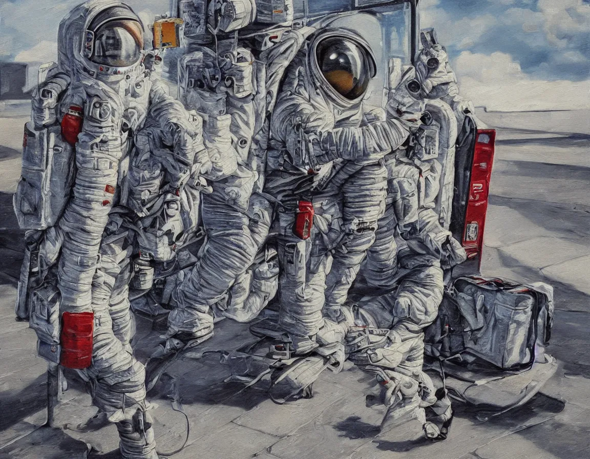 Prompt: hyper realistic oil painting of astronaut waiting for the bus at the bus stop, hd, hdr, by stanisław wyspianski, ultra detailed, high resolution