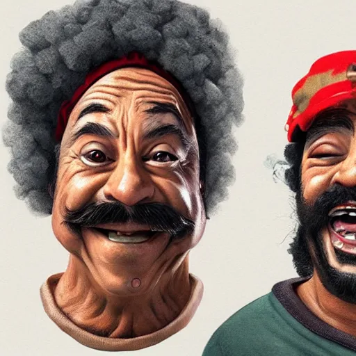 Image similar to portrait of cheech and chong, concept art, artstation, highly detailed, smoke background,