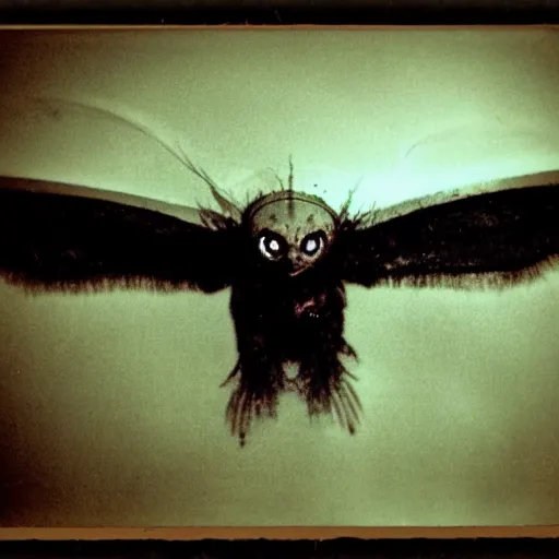 Image similar to mothman flying at the camera, polaroid, blurry, scary, found footage horror, terrifying