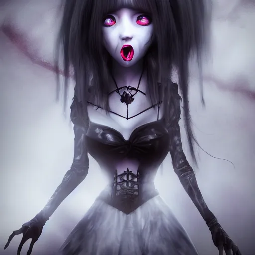 Prompt: photorealistic full shot portrait of kawaii angry darkness vampire anime girl, gothic clothing, worrying eyes, inspired by Tim Burton, detailed, unreal engine 4k volumetric light, fog,