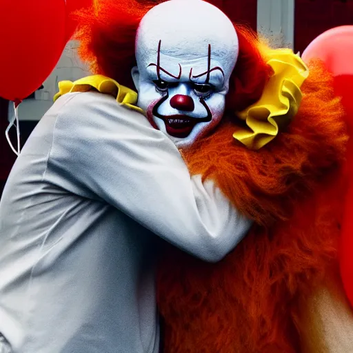 Prompt: Ronald McDonald hugging Pennywise