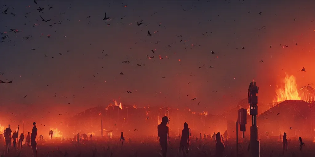 Prompt: realistic cinematic views of a orwellian coachella with fires in the background and dead seagulls falling from the sky in front of the main stage, realistic, cinematic, newspaper, dramatic lighting, depth of field background by victor mosquera, misty, terror glow, unreal engine 5 render, 3 5 mm film grain