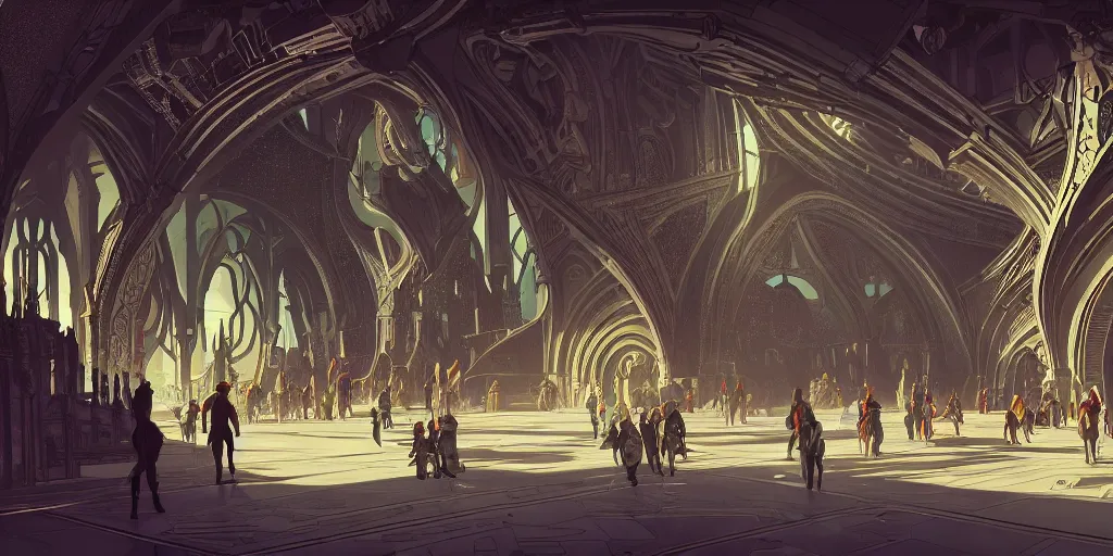 Prompt: cel shaded cinematic shot of the interior of a sci-fi space station with ornate Elven architecture bustling with people and flying cars, epic castle, gothic architecture, emerald, crystalline, detailed illustration, sharp focus, concept art