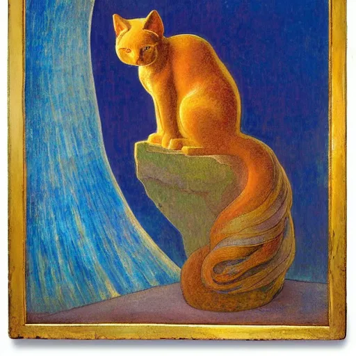 Image similar to painting of a cloisonne cat figurine, by annie swynnerton and diego rivera and nicholas roerich and jean delville, symbolist, dramatic lighting, god rays, art brut, rich colors, smooth, sharp focus, extremely detailed, adolf wolfli and ( donato giancola and bilibin )