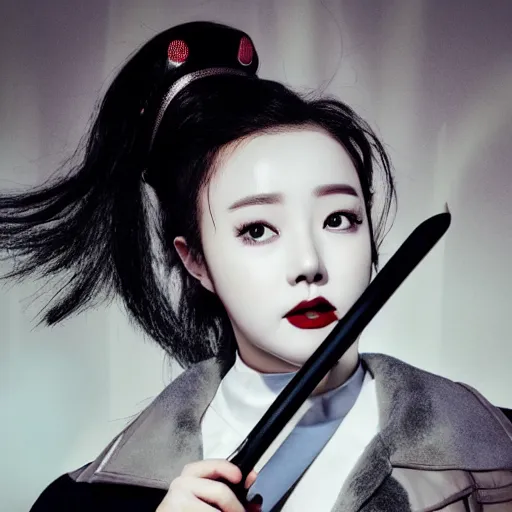 Image similar to photo of Chuu Kim Ji-woo from LOONA dressed as Negan, mischievous look with her barbed baseball bat Lucille, in the style of George Hurrell, white fog, octane render