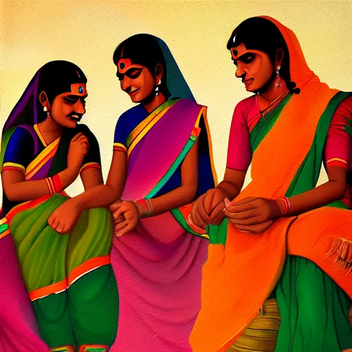 Prompt: aesthetic painting of indian rural women talking, trending on artstation, detailed digital art