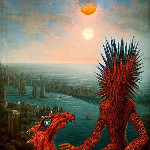 Image similar to A beautiful body art of a large, orange monster looming over a cityscape. The monster has several eyes and mouths, and its body is covered in spikes. It seems to be coming towards the viewer, who is looking up at it in fear. by John Frederick Kensett, by Jeremiah Ketner gloomy