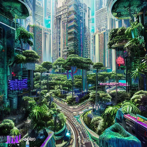 Image similar to vaporwave jungle city, digital art, cosmic, 3 d high definition, trending on art station, photorealistic, high resolution, v 8 k, octane, hyper detailed, insane details, intricate, elite, ornate, elegant trend, highly detailed and intricate, sharp focus, photography, unreal engine