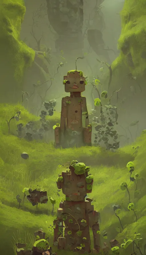 Image similar to stone golem, moss and ivy, true evil, dormant, broken, calling a traveller nearby, sharp focus, james gilleard, cinematic, game art, extremely detailed digital painting, print