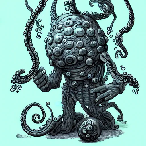 Prompt: Orb monster with many ears, no eyes, tentacles holding guns, D&D, high quality, trending on artlist