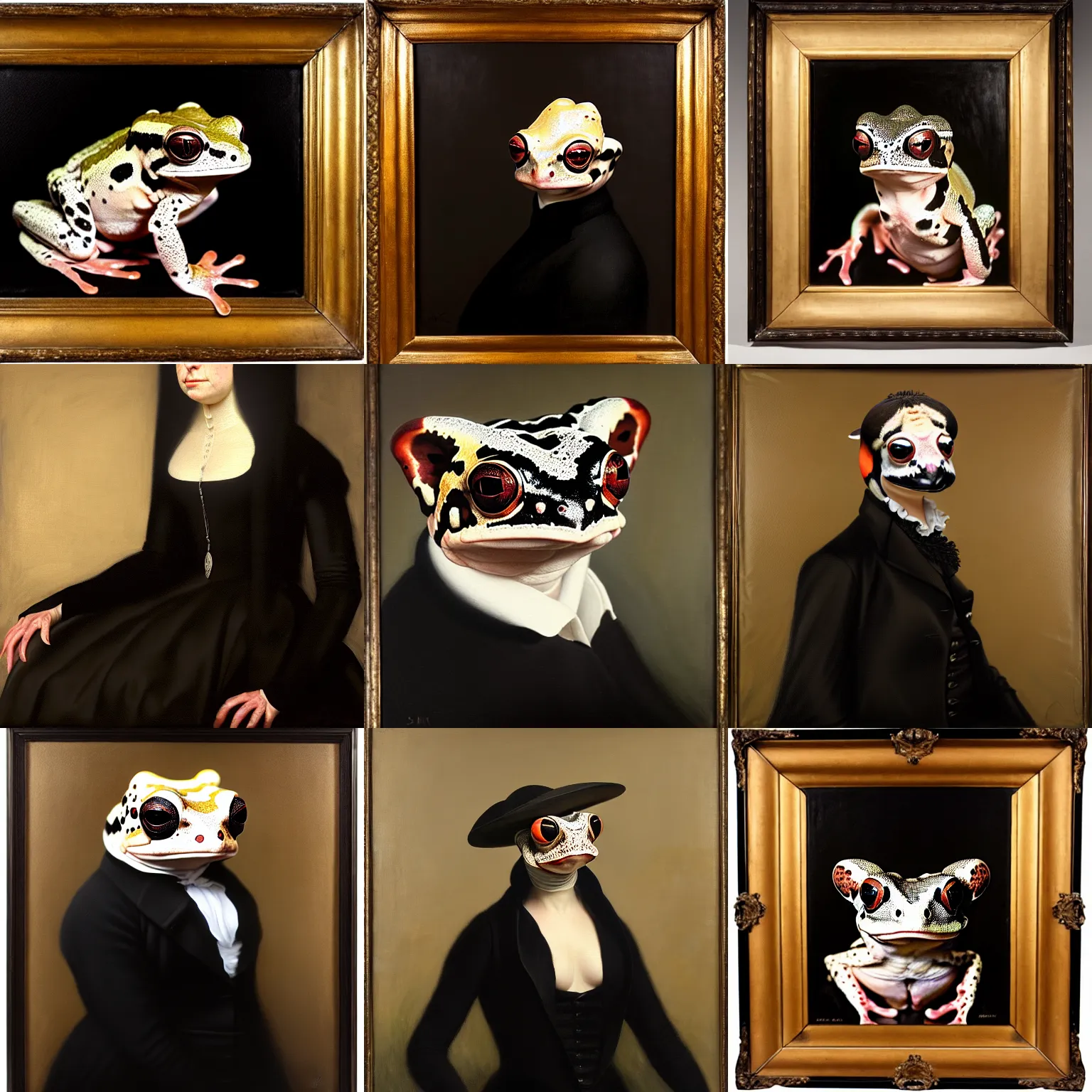 Prompt: a head - and - shoulders portrait of an amazon milk frog wearing a black frock coat, an american romanticism painting, a portrait painting, cgsociety, soft focus, oil on canvas