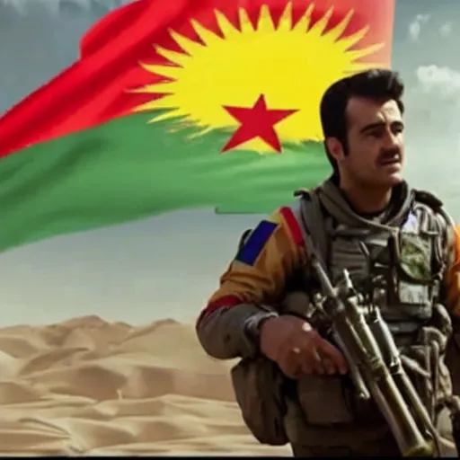 Image similar to kurdish astronaut holding a kurdistan flag in a movie directed by christopher nolan, movie still frame, promotional image, imax 7 0 mm footage