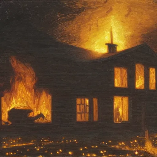 Prompt: a mysterious woman standing in front of a burning stone house with a wooden roof. Nighttime, embers everywhere, backlit, in the style of Donato Giancola