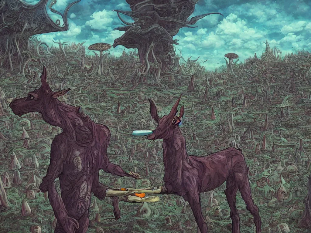 Image similar to A centered chest up portrait of a psychedelic demonic anthropomorphic mule smoking a hand-rolled cigarette smoking heavily , magic mushroom village in background , award winning. superb resolution. in the art style of junji Ito and greg rutkowski . Mule, Mule. Detailed Mushroom city in background. Hyper realistic anime. Perfect art. Dalle2