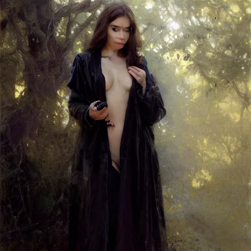 Image similar to detailed realistic cinematic wide shot of beautiful attractive lilly collins woman wearing black bath robe slim face symettrical face clean skin black eyes black robe smooth, sharp focus, ultra realistic, spring light, painting by gaston bussiere, craig mullins, j. c. leyendecker