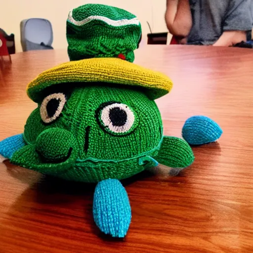 Image similar to a closeup photorealistic smiling knitted plush turtle wearing a fedora hat.
