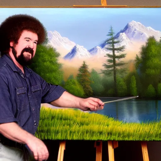 Prompt: a closeup photorealistic photograph of bob ross polishing a canvas painting of kenny powers. mountains and trees. film still. brightly lit scene. this 4 k hd image is trending on artstation, featured on behance, well - rendered, extra crisp, features intricate detail, epic composition and the style of unreal engine.