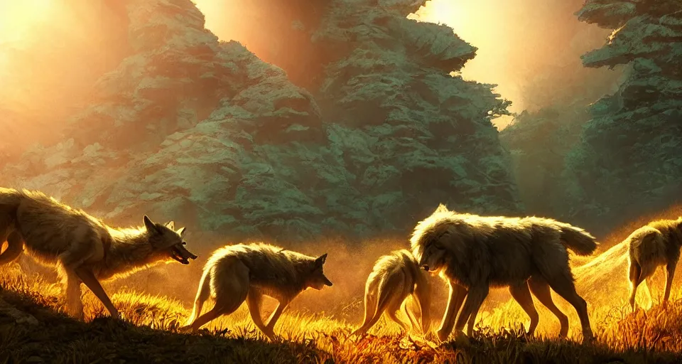 Image similar to wolves and their treasures - golden mountains - dramatic lighting, trending on artstation, highly detailed render by studio ghibli
