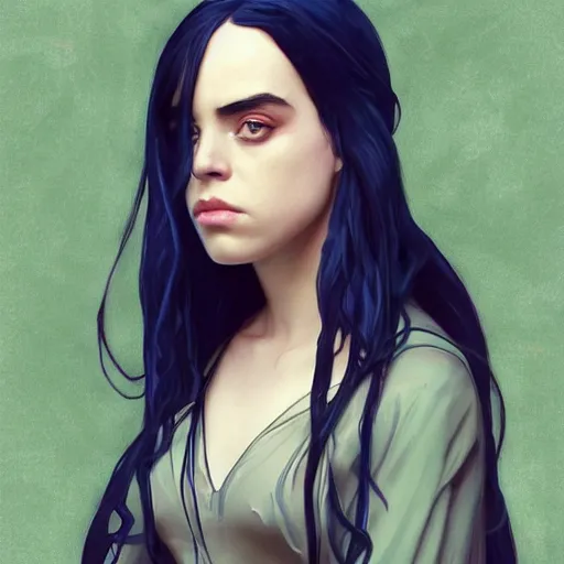 Image similar to Billie Eilish as Female Loki, very detailed, digital art, trending on artstation, concept art, smooth, illustration, art by artgerm and greg rutkowski and alphonse mucha and J. C. Leyendecker and Edmund Blair Leighton and Katsuhiro Otomo and Geof Darrow and Phil hale and Ashley wood