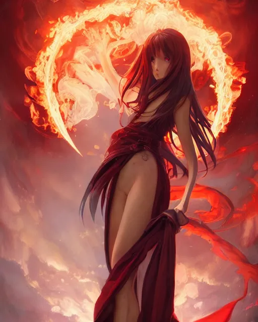 Image similar to red eyed beautiful long haired anime girl, dress in fire, full body photo, flames everywhere, highly detailed, digital painting, artstation, concept art, smooth, sharp focus, illustration, art by artgerm and greg rutkowski and alphonse mucha