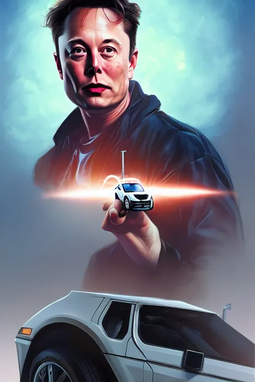 Image similar to elon musk as marty mcfly near cybertruck, realistic portrait, symmetrical, highly detailed, digital painting, artstation, concept art, smooth, sharp focus, illustration, cinematic lighting, art by artgerm and greg rutkowski and alphonse mucha