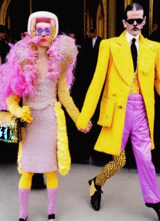 Image similar to full face and glamorous dressed female and male pair in Bespoke couture outfits made of yellows, pinks, purple and gold by Vivian Westwood and Marc Jacobs as seen in the movie the Royal Tenenbaums + vintage Chanel in a futuristic vibe