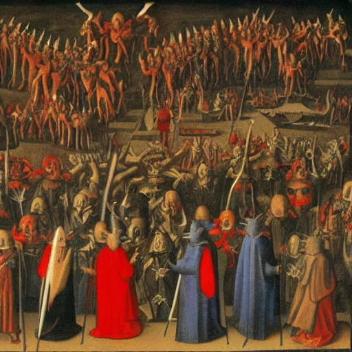 Prompt: a congregation of all of the devils in hell, painted by jean fouquet