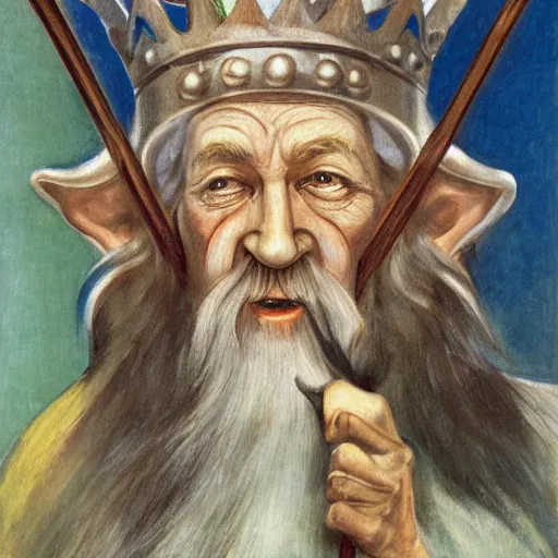Prompt: a deliriously happy King Gandalf, portrait oil painting by Otto Dix, oil on canvas (1921)