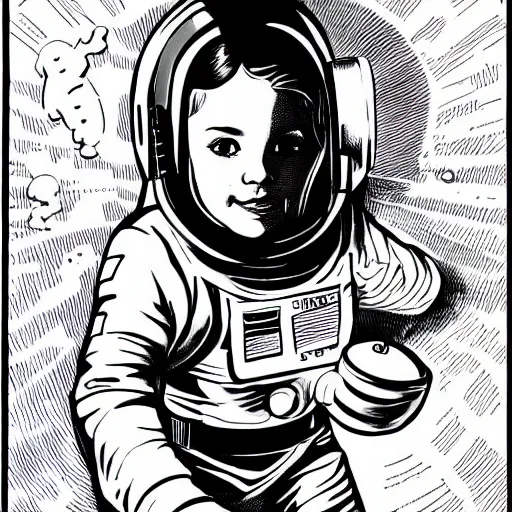 Image similar to clean simple line art of a little girl with short wavy curly hair floating in space. she is an astronaut, wearing a space suit. white background. well composed, clean black and white line drawing, beautiful detailed face. illustration by charlie adlard and steve ditko