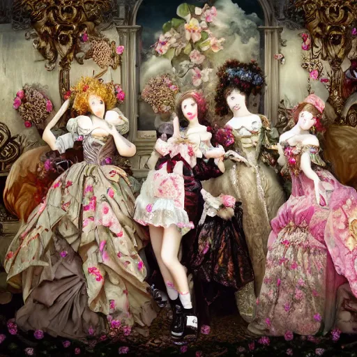 Image similar to 8k, HD, realism, high octane render, renaissance, rococo, baroque, group of creepy young ladies wearing long harajuku manga dress with flowers and skulls, background chaotic flowers