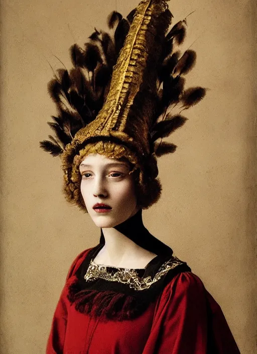 Prompt: portrait of young woman in renaissance dress and renaissance headdress, art by paolo roversi