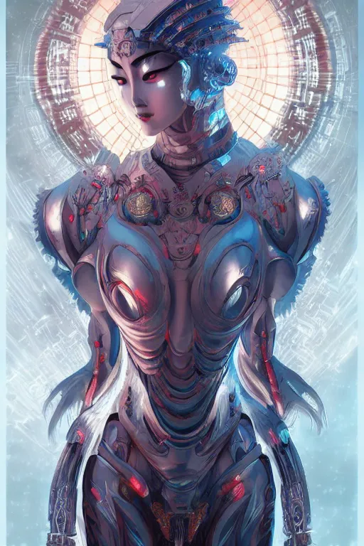 Image similar to asura from chinese myth, ghost, mecha, symmetrical. sci - fi, tech wear, glowing lights, intricate, elegant, highly detailed, digital painting, highly detailed, digital painting, artstation, concept art, smooth, sharp focus, illustration, art by artgerm and greg rutkowski and alphonse mucha