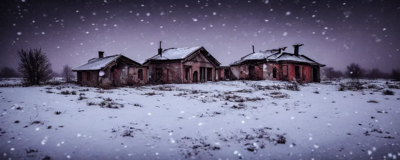 Image similar to landscape, soviet military, abandoned lifeless house, dark winter evening, snowing, atmospheric, mystical, very detailed 4 k