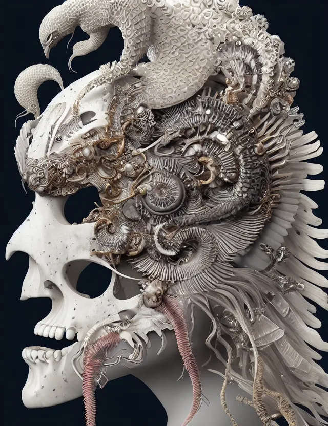 Image similar to 3 d goddess close - up profile portrait biomechanics with ram skull. beautiful intricately detailed japanese crow kitsune mask and clasical japanese kimono. betta fish, jellyfish phoenix, bio luminescent, plasma, ice, water, wind, creature, artwork by tooth wu and wlop and beeple and greg rutkowski