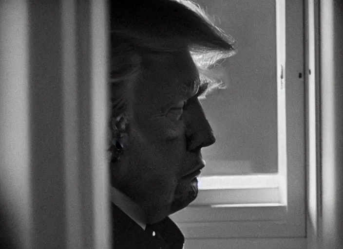 Image similar to screenshot from moody scene of Donald Trump looking out window, in High and Low, 1963 film directed by Akira Kurosawa, kodak film stock, black and white, anamorphic lens, 4K, detailed, stunning cinematography and composition shot by Takao Saito, 70mm