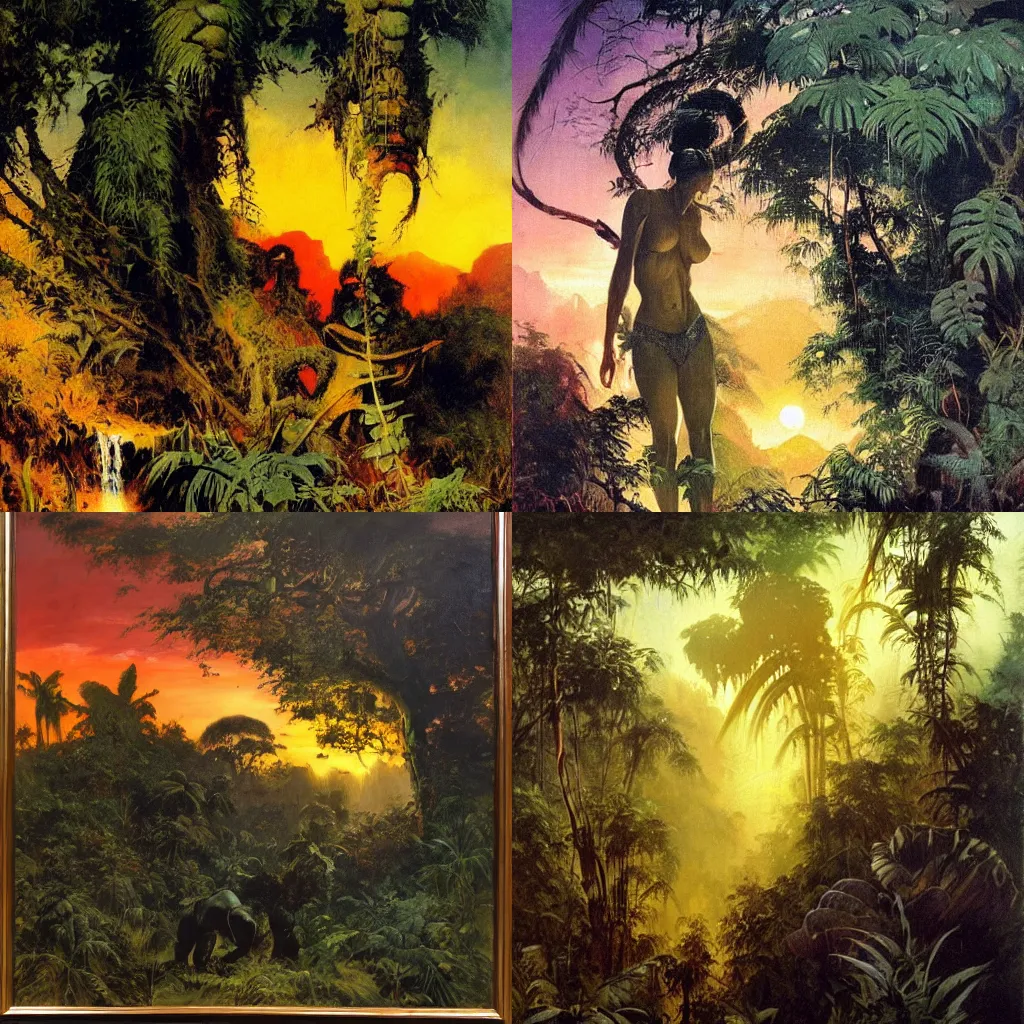 Prompt: lost in mystic jungle with sunset and backlight , high texture oil painting by frank frazetta