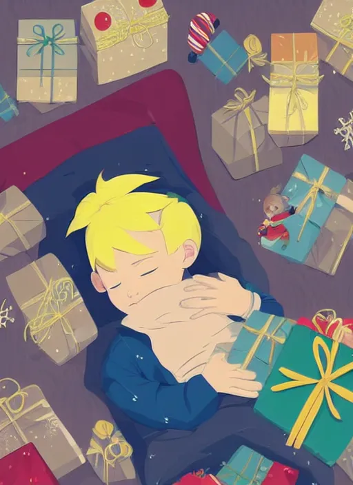 Prompt: little boy with short yellow hair, asleep at christmas. surrounded by gifts. high quality detailed face. clean cel shaded vector art. shutterstock. behance hd by lois van baarle, artgerm, helen huang, by makoto shinkai and ilya kuvshinov, rossdraws, illustration, art by ilya kuvshinov