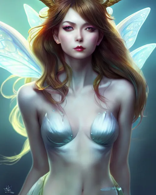 Prompt: 3 / 4 view of a woman with fairy wings, confident pose, pixie character, video game genshin impact, cell shaded anime intricate, elegant, sharp focus, illustration, highly detailed, concept art, matte, magali villeneuve, artgerm, anime, trending on artstation