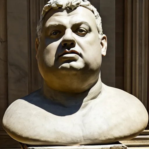Image similar to hungarian prime minister viktor orban as a slightly obese marble statue of ancient roman emperor, created by michelangelo, museum photoshot, 3 d photorealistic render, high resolution, 8 k