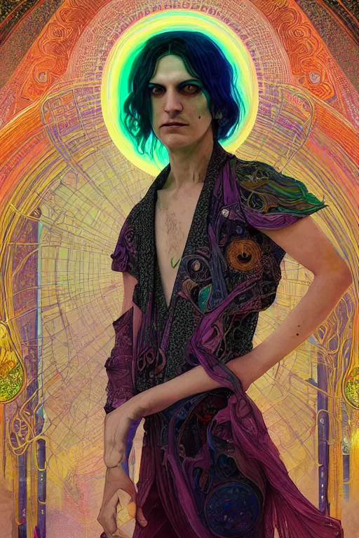 Image similar to portrait of brian molko as delirium of the endless, the sandman, rainbow clothes, in persian temple wet night, sci - fi and fantasy, intricate and very very beautiful and elegant, highly detailed, digital painting, artstation, concept art, smooth and sharp focus, illustration, art by tian zi and wlop and alphonse mucha