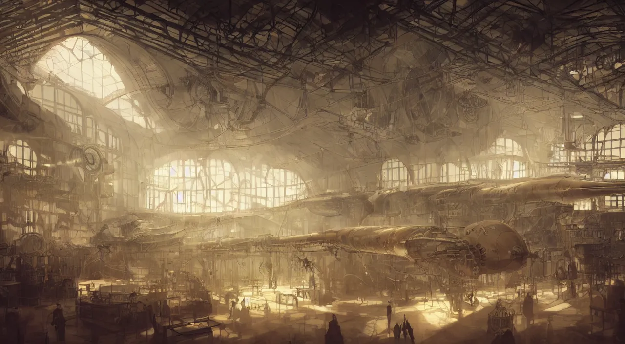 Prompt: realist illustration, inside an airship factory, steampunk, art nouveau, dust, light beams through high windows, concept art, 4 k, art station trend, octane render, sharp details