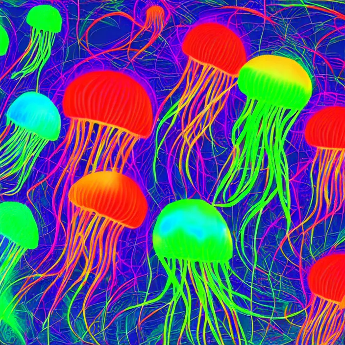 Image similar to psychedelic colored jellyfish, bright neon colors, digital art